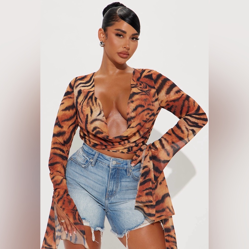 Sale!!! Fashion Nova Tiger-Print Wrap Crop Top - Brown & Black